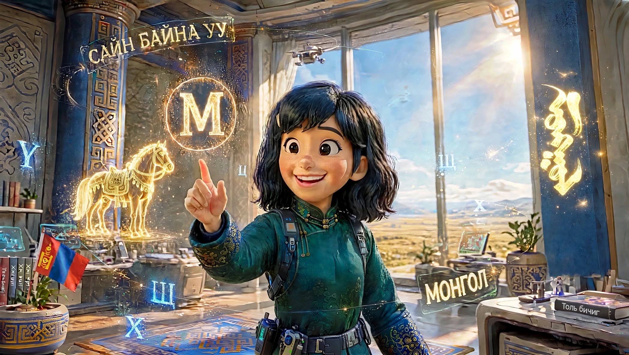 Animated illustration of a girl exploring the Mongolian alphabet and language